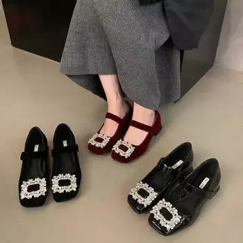 Туфли «Мэри Джейн» на толстом каблуке в стиле «Французский вечерний бриз» в стиле ретро со стразами в стиле феи, туфли на высоком каблуке для пригородных поездок 35 красный