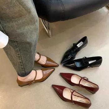 Туфли Мэри Джейн на толстом каблуке в стиле ретро, женские вечерние туфли с острым носком средней высоты, удобные туфли-лодочки для офиса 40 чёрный