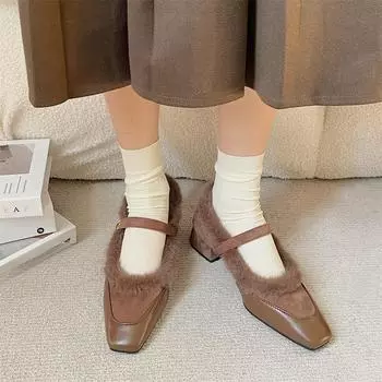 Туфли Мэри Джейн на толстом каблуке во французском стиле в классическом стиле с флисовой подкладкой. Женские туфли. Новинка. Осень и зима. Каждую ночь. Мягкие пушистые туфли. 35 чёрный