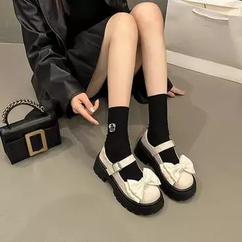 Туфли Мэри Джейн на толстом каблуке, женские летние туфли в винтажном британском стиле с бантом, модные и удобные 35 бежевый