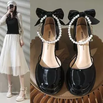 Туфли Мэри Джейн на высоком каблуке для женщин весна/лето 2024 года, новый французский стиль в сочетании с босоножками на толстом каблуке 34 бежевый