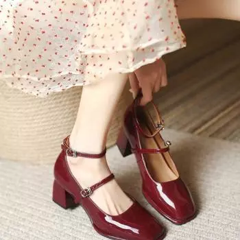 Туфли Мэри Джейн на высоком каблуке, красные, с пряжкой в виде одного слова, женские, ретро, лакированные, кожаные, одинарные, туфли, маленькие кожаные туфли 35
