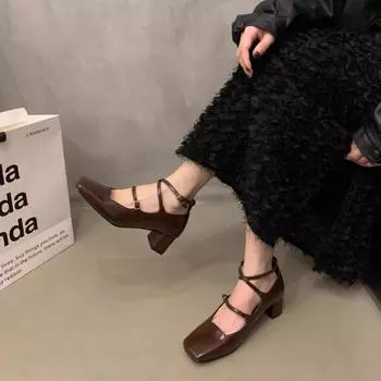 Туфли Мэри Джейн на высоком каблуке с массивным квадратным носком, сандалии на платье, осень 2024, неглубокие модные туфли в стиле Лолита, роскошные туфли-лодочки Zapatos Femme 35 чёрный