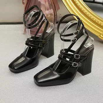 Туфли Мэри Джейн на высоком каблуке с квадратным носком. Летние женские босоножки на толстом каблуке. Черные удобные модные дизайнерские босоножки на высоком каблуке. 35 чёрный