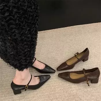 Туфли Мэри Джейн на высоком каблуке с острым носком и неглубоким носком, весенние туфли на толстом каблуке, французские туфли с юбкой, темпераментные туфли, женская обувь 35 коричневый