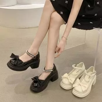 Туфли Мэри Джейн на высоком каблуке с бантом в стиле ретро для женщин во французском стиле 35 чёрный