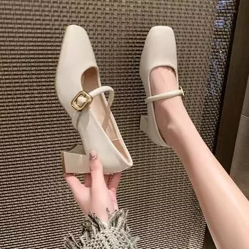 Туфли Мэри Джейн на высоком каблуке с квадратным носком, летние новые туфли на толстом каблуке 2024 года, женские модные элегантные туфли-лодочки на низком каблуке Mujer 35 чёрный