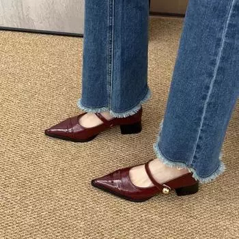 Туфли Мэри Джейн на высоком каблуке с острым носком, женские, на низком каблуке, модные, для вечеринок и свадеб, кожаные туфли, дышащие, современные туфли с мелкой подошвой 2024 35 бежевый