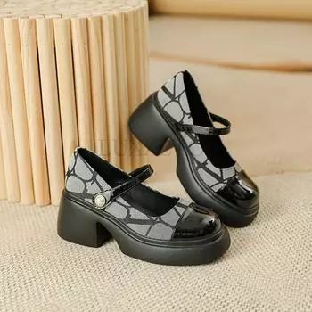 Туфли Мэри Джейн на высоком каблуке, толстые подошвы, толстые каблуки, женская обувь, жемчужная цепочка, пряжка, повседневная мода, универсальная, милый стиль Лолиты 34 чёрный