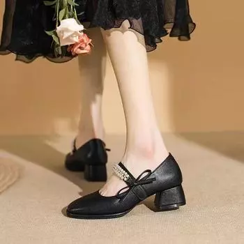 Туфли Мэри Джейн на высоком каблуке, женская мода, универсальные, толстые, средние, квадратные, с мягкой подошвой, французские, маленькие, кожаные, женские 35 слоновая кость