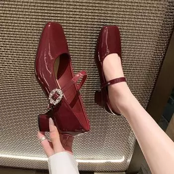 Туфли Мэри Джейн на высоком каблуке, женские туфли на французском толстом каблуке, стразы, один пояс, подходящая юбка, свадьба подружки невесты 35 розовый