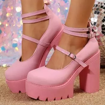 Туфли Мэри Джейн на высоком каблуке Женские туфли на платформе Модные босоножки Женские летние новые платья Туфли в стиле Лолиты Туфли на толстом каблуке Zapatos Mujer 35 чёрный