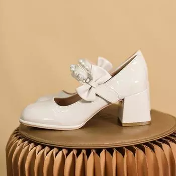 Туфли Мэри Джейн на высоком каблуке женские 2024 года, новые модные туфли в стиле феи с бантом и жемчугом, легкие, с толстым каблуком 35