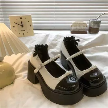 Туфли Мэри Джейн на высоком каблуке, женские летние туфли в стиле ретро с круглым носком и бантом, на толстом толстом каблуке с жемчугом 35 бежевый