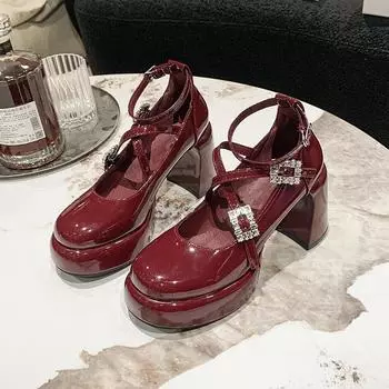 Туфли Мэри Джейн на высоком квадратном каблуке с круглым носком и пряжкой на ремешке, распродажа 2024 года, высококачественные весенние туфли-лодочки с пряжкой 37 вино красного