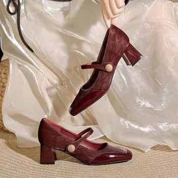 Туфли Мэри Джейн на высоком толстом каблуке с одним словом, женские свадебные туфли красного цвета с французской пряжкой и квадратной головкой 34 бордовый