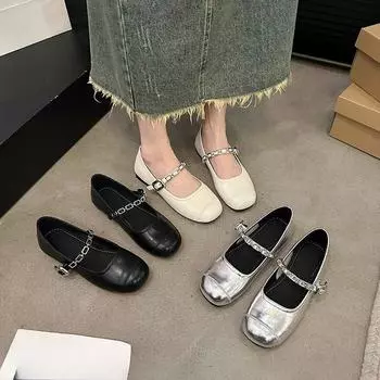 Туфли Мэри Джейн, одинарные туфли, женские, весна-лето, туфли на плоской подошве из сои, серебристые туфли, модные и удобные 35 серебряный