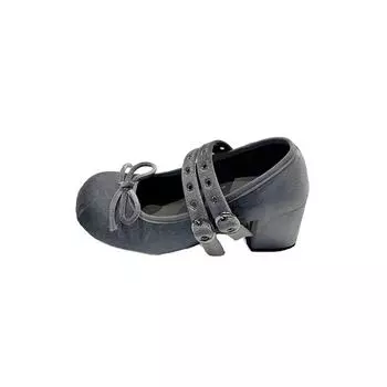 Туфли Мэри Джейн Одинарные Весна Новые Круглый Носок Мелкий Вырез Замша Бант Заклепки Линия с Нескользящим Толстым Каблуком 35