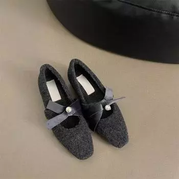 Туфли Мэри Джейн с бантом из бархата в стиле ретро для женщин 2024 года, осень-зима, новые туфли на толстом квадратном каблуке в стиле бабушки 35 чёрный