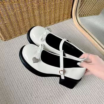 Туфли Мэри Джейн с бантом на высоком каблуке Туфли-лодочки на французском каблуке Туфли Мэри Джейн с круглым носком Маленькие кожаные туфли в британском стиле 35 коричневый