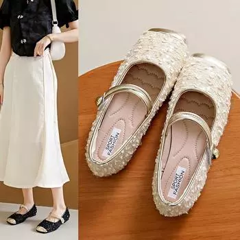 Туфли Мэри Джейн с блестками, женские летние французские туфли на плоской подошве 40 чёрный