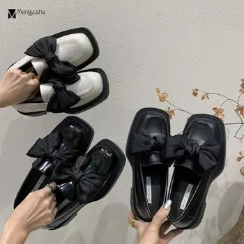 Туфли Мэри Джейн с большим бантом, маленькие кожаные женские туфли с квадратным носком, на толстом каблуке, мокасины, балетки, матовые и лакированные кожаные броги, оксфорды 5