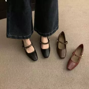 Туфли Мэри Джейн с цепочкой на грубом каблуке, женская обувь 2024 года, весна и осень, новая ниша, ретро с юбкой, темперамент, одно слово, с одинарными туфлями 35 чёрный