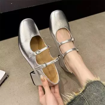 Туфли Мэри Джейн с двойной пряжкой, женские, ретро, с квадратным носком и низким каблуком, рабочие туфли из серебристой кожи, туфли-лодочки для платья, женские туфли на высоком каблуке 4.5