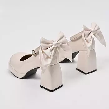 Туфли Мэри Джейн с французским бантом на высоком каблуке, женские, черные, водонепроницаемые, туфли на толстом каблуке, маленькие, кожаные, пятно 34