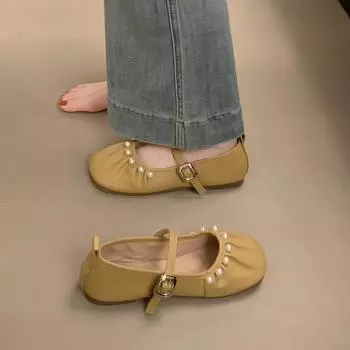 Туфли Мэри Джейн с французским жемчугом для девочек, весна 2025 г., новые, вечерние, ветер, большие размеры, мягкая подошва, балетки для бабушки 35