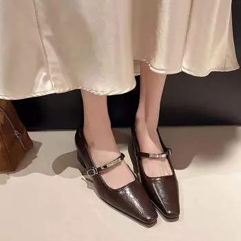 Туфли Мэри Джейн с французской квадратной головкой, женские, на плоской подошве, 2025, новые, ретро, мягкие, кожаные, на низком каблуке, одинарные, легкие, модные, женские туфли 35 чёрный