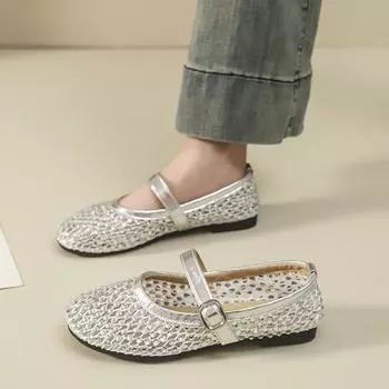 Туфли Мэри Джейн с горным хрусталем, женские, полые, легкий вечерний бриз, лето 2025, новинка, с юбкой, балетки 35 серебряный