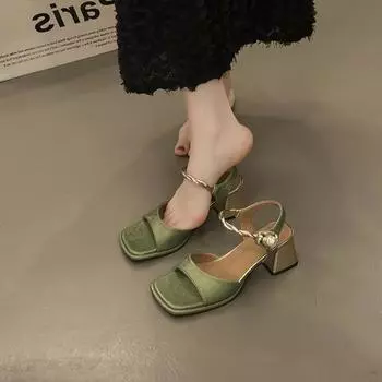Туфли Мэри Джейн с грубым каблуком и квадратным принтом в виде головы феи, женские, лето 2024, новые, новые, босоножки с высоким каблуком в китайском стиле 35 зелёный