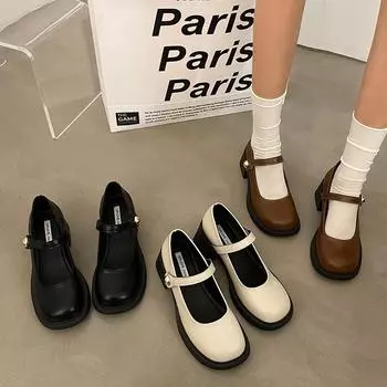 Туфли Мэри Джейн с круглой французской головкой и жемчужной пряжкой, темпераментные, на толстом каблуке, модные, маленькие кожаные туфли 2025 года, весенние туфли с неглубоким горлом 35