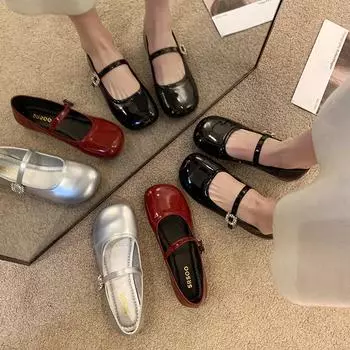 Туфли Мэри Джейн с круглой головкой, французские, красные, на плоской подошве, женские, 2025, новые, летние, маленькие, ароматные, с юбкой, легкие, одинарные туфли 35 серебряный