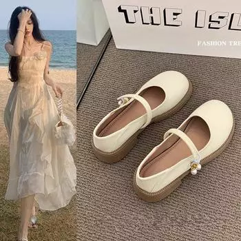 Туфли Мэри Джейн с круглой головкой и одной педалью, женские летние туфли в студенческом стиле на низком каблуке с неглубоким носком, маленькие кожаные туфли, универсальные одинарные туфли 35 хаки