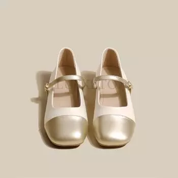 Туфли Мэри Джейн с круглым носком, низкий каблук, лакированная кожа, толстый каблук, мягкий и нежный, ремешок в одну линию, неглубокий вырез, одинарный ботинок 35 бежевый