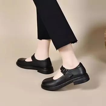 Туфли Мэри Джейн с круглым носком женские из коровьей кожи первого слоя, с ремешком-пряжкой, с мелким вырезом, на плоской подошве, в стиле колледж, маленькие кожаные туфли 35