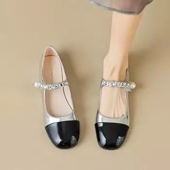 Туфли Мэри Джейн с круглым носком, женские, французские, с одним ремешком, с цепочкой и жемчугом, маленькие ароматные туфли на плоской подошве 34 серебряный