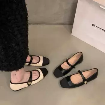 Туфли Мэри Джейн с квадратной головкой, французские, женские, плоские, женские, летние, новые, модные и универсальные, на мягкой подошве, шапочки 35 чёрный