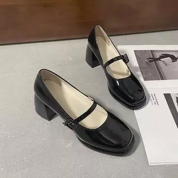 Туфли Мэри Джейн с квадратной головкой на высоком каблуке женские весна 2025 новые французские ретро лакированные кожаные туфли с толстым каблуком 35 бежевый