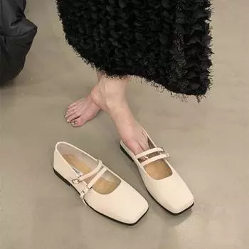 Туфли Мэри Джейн с квадратной головкой, женская обувь, весна 2024, новый односложный пояс, мягкая плоская подошва, французская юбка, темпераментные одинарные туфли 35