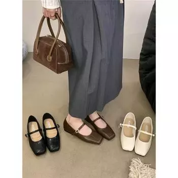 Туфли Мэри Джейн с квадратной головкой, женские, с пряжкой в одно слово, на плоской подошве, из мягкой кожи, легкие, с юбкой, французский ретро-темперамент 35 чёрный