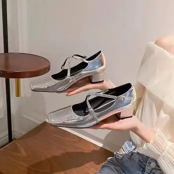 Туфли Мэри Джейн с квадратным носком и пряжкой-крестом на низком толстом каблуке Туфли-лодочки из лакированной кожи Французский темперамент Женские туфли на каблуках Zapatos mujer 37 красный