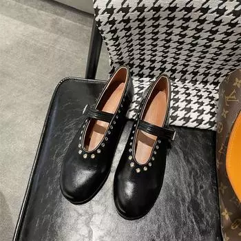 Туфли Мэри Джейн с металлическими заклепками, женские туфли из натуральной кожи с круглой головкой и плоской подошвой, одна линия, балетки в стиле ретро 40