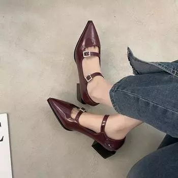 Туфли Мэри Джейн с острым носком, женская мода, туфли на низком среднем каблуке, весенние женские туфли-лодочки из кожи с пряжкой на ремне 34 чёрный