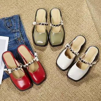 Туфли Мэри Джейн с открытой спиной на платформе для женщин Модельные туфли Низкие каблуки Мюли на массивном блочном каблуке Шлепанцы с закрытым носком Женские сандалии без шнуровки с квадратным носком 35