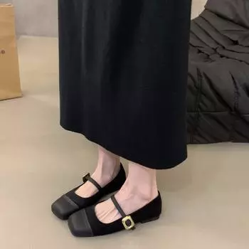 Туфли Мэри Джейн с плоским дном и квадратной головкой, женские туфли, новинка 2024 года, весна, осень и зима, вечерние туфли из французской замши в стиле ретро 35 чёрный