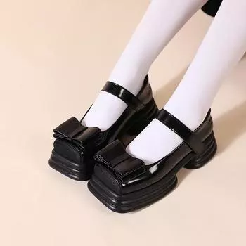 Туфли Мэри Джейн с японским бантом, женские летние новые туфли в стиле ретро Jk, мягкая маленькая обувь с квадратной головкой и толстой подошвой для сестры 34 чёрный