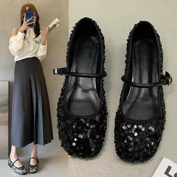 Туфли Мэри Джейн с серебряными пайетками, женские весенние туфли на плоской подошве, модные и удобные 35 серебряный